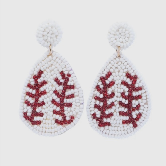 Handmade Beaded Baseball Drop Earrings Teardrop - Picture 1 of 5